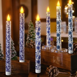 6PCS Chinoiserie Flameless Candles - 10.6 Inch Blue and White Candles with Remote Floral Taper Candles Battery Operated Blue Chinoiserie Decor for Wedding Party Home Decor Festival Gifts