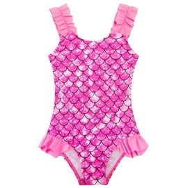 XiaoMoSha Girls Swimming Costume with Ruffle Straps Cute Stretchy Beach Swimwear Quick Dry Bathing Suit for Kids, PinkMermaid, 4-5 Years