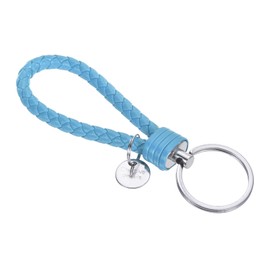 PATIKIL Braided Leather Keychain with Stainless Steel Key Ring Sleeve, PU Woven Wristlet Lanyard Strap Fob Keyring Holder for Car Bag Wallet Pendant, Sky Blue