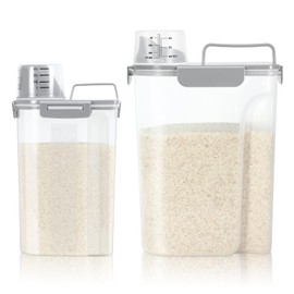 TBMax Rice Container 2 Pack, Airtight Cereal Container Oatmeal Storage with Easy-pouring Spout & Handy Cup for Flour Grain Beans, Pet Dog Cat Bird Food Storage Dispenser-Light Grey