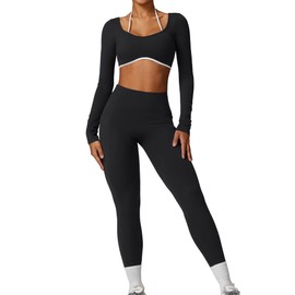 Workout Sets for Women 2 Piece Outfits Seamless High Waist Leggings Yoga Long Sleeve Crop Tops Athletic Gym Sets