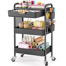 3 Tier Metal Rolling Cart with Drawer, Black Utility Storage Cart