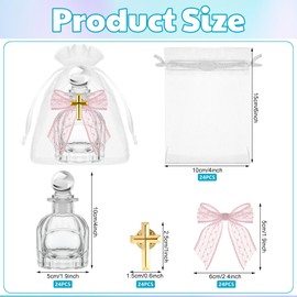 Newtay Holy Water Bottles Catholic Bulk Glass Baptism Favors for Guests Christian Water Container with Cross Organza Bags Bow for Holy Communion Gifts Church Wedding Baptism(Pink,24 Set)