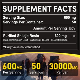 Shilajit Resin, Himalayan Shilajit Organic - 600mg Potency Gold Grade, Shilajit for Men & Women with 85+ Trace Minerals & Fulvic Acid, for Stamina, Immunity, Strength, 50 Serving