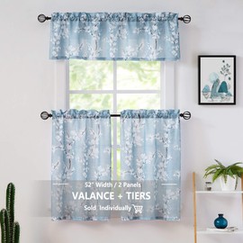 FMFUNCTEX Blue White Tier Curtains 36-inch Length for Kitchen Windows White Blossom Print Half Bathroom Window Curtain Panels 36" Length Café Curtains for Privacy Floral Design 2 Panels