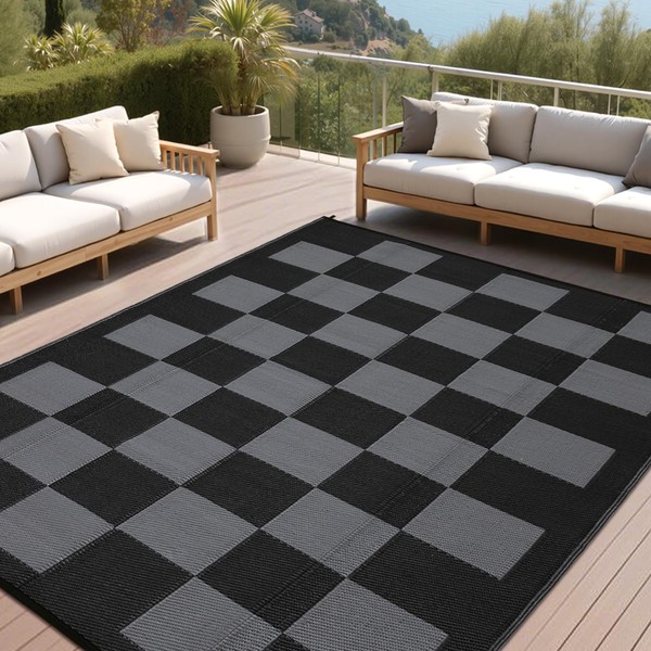 GarveeHome Waterproof Outdoor Rug 9 x 12 Large Modern Checkboard
