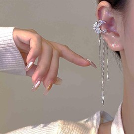 Aneneiceera Boho Crystal Moon Chain Earrings Silver CZ Moon Earrings Long Chain Clip On Earrings Rhinestone Earrings Jewellery for Women and Girls (Left), Zinc, No Gemstone