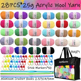 Crochet Yarn Knitting Wool 28x25g Acrylic Yarn with Aluminum Crochet Hooks Stitch Markers for Crochet Yarn Kits for Beginners Adults Wool for Crochet Knitting and Crafts (Crochet Yarn-28Pcs x 25g)