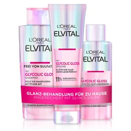 L'Oréal Paris Elvital Glycolic Gloss Bundle with Shampoo, Conditioner, 5 Minutes Hair Lamination for Dull Hair, Care Routine for Healthy Hair and Strong Shine, Set with Glycolic Acid, 3 Pieces