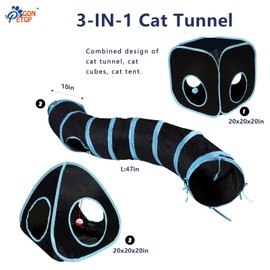 GONPETGP Cat Tunnels for Indoor Cats with Cube Tent Toys Combo, Pop Up Collapsible Crinkle Interactive Peek Hole, Cat Tube with Play Ball and Bell for Kitten, Puppy, Kitty, Rabbit - Set of 3