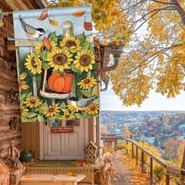 Fall Flag 28 x 40 Double Sided, Pumpkins Sunflower Large Outdoor Flag for Garden Yard and House, Autumn Decorative Flag for Outside