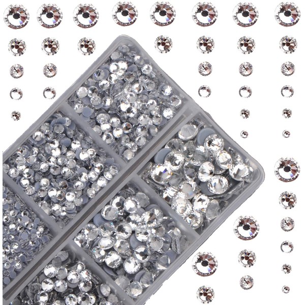 4000pcs Mixed Size Hot Fix Round Crystals Gems Glass Stones Hotfix Flat Back Rhinestones (Clear Crystal)