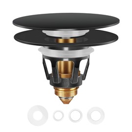 Universal Bathroom Sink Stopper in Brass, 1.04-1.97 Inch Pop Up Basin Sink Drain Stopper, Sink Drain Strainer with Anti Clogging Filter Hair Catcher, Large Lid Black