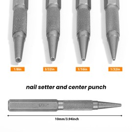 4 Pcs Nail Punch and Center Punch Set, 1/32 1/16 3/32 1/8 Inch Heat Treated Alloy Steel with Knurled Grip Nail Punch Kit