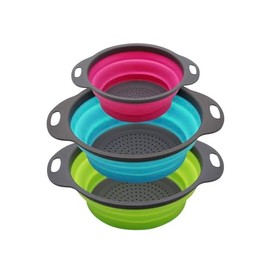 Gevoli Coladores plegables (juego de 3) coladores de alimentos con base de drenaje de agua sobre el fregadero para pasta, frutas y verduras, blanco/be