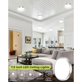 6PACK LED Flush Mount Ceiling Light, 3CCT Selectable 3000K-4000K-6500K & 100W Equivalent Modern Kitchen Recessed Ceiling Lamp 15W 1500Lm 7.5 Inch for Bathroom Closet Laundry Bedroom