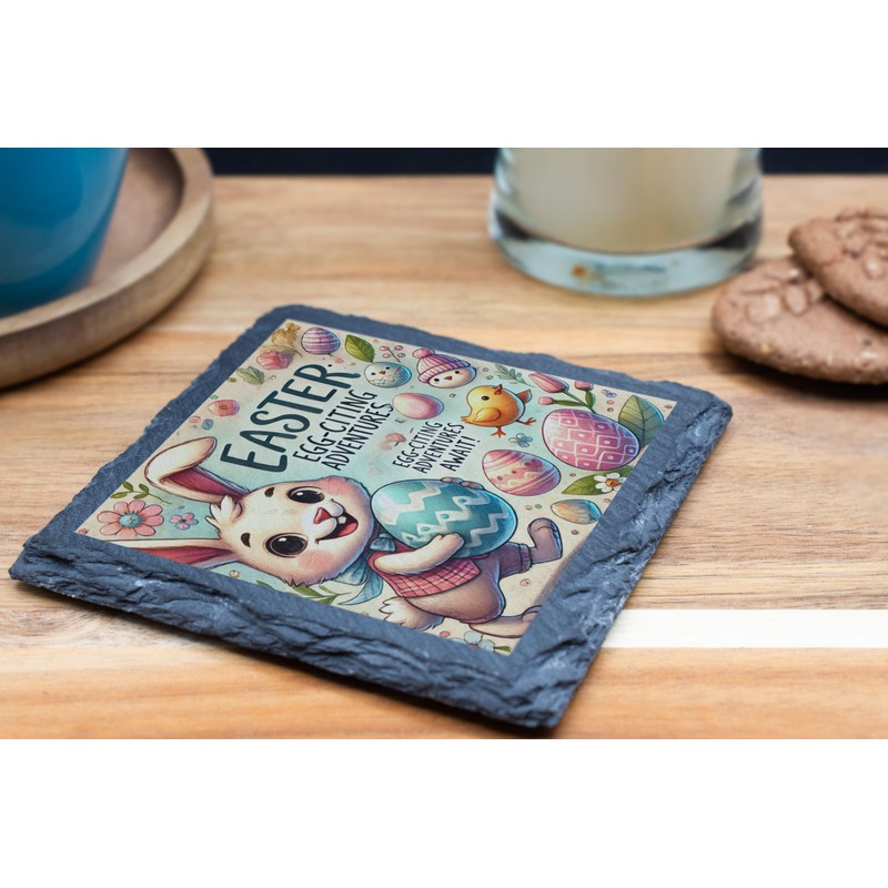 Easter Egg-citing Adventures Bunny and Eggs Slate Coaster (slco-kf25-easterawaitshg)