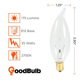 GoodBulb 25 Watt Flame Tip Candelabra Light Bulbs | CA10 Clear Finish E12 Base 2700K Warm White Light | Dimmable | 175 Lumens | Pack of 12