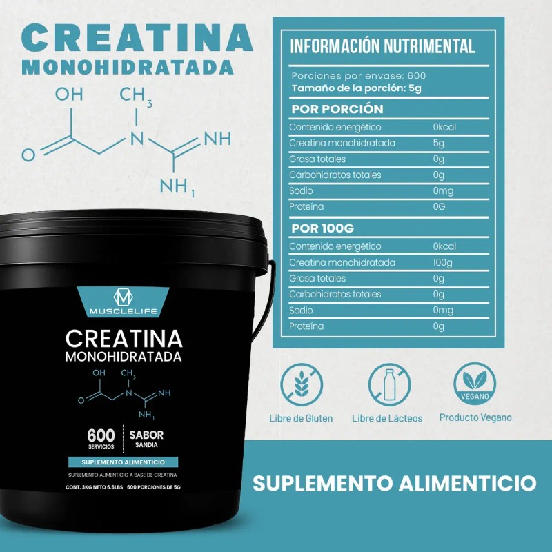 Creatina Muscle Life Monohidratada 3kg 600 Servicios Varios