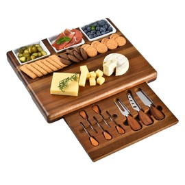 Shanik Large Acacia Wood Charcuterie Board Set with 3 Removable Ceramic Bowls & Serving Utensils - Housewarming, Wedding, Bridal Shower, Home and Kitchen, New Home Gift Ideas for Women, Gifts for Her