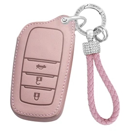 ontto Leather Car Key fob Cover fit for Toyota RAV4 Corolla Cross Yaris GR Cross Hybrid CHR Prius Hilux Key case Holder Shell Key Chain Keyring Protector Accessories car Styling 3 Buttons Pink A