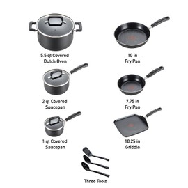 T-fal Signature Nonstick Cookware Set 12 Piece Pots and Pans, Dishwasher Safe Black