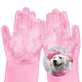 Pet Grooming Gloves, Hair Removal and Massage Brush (Pink)