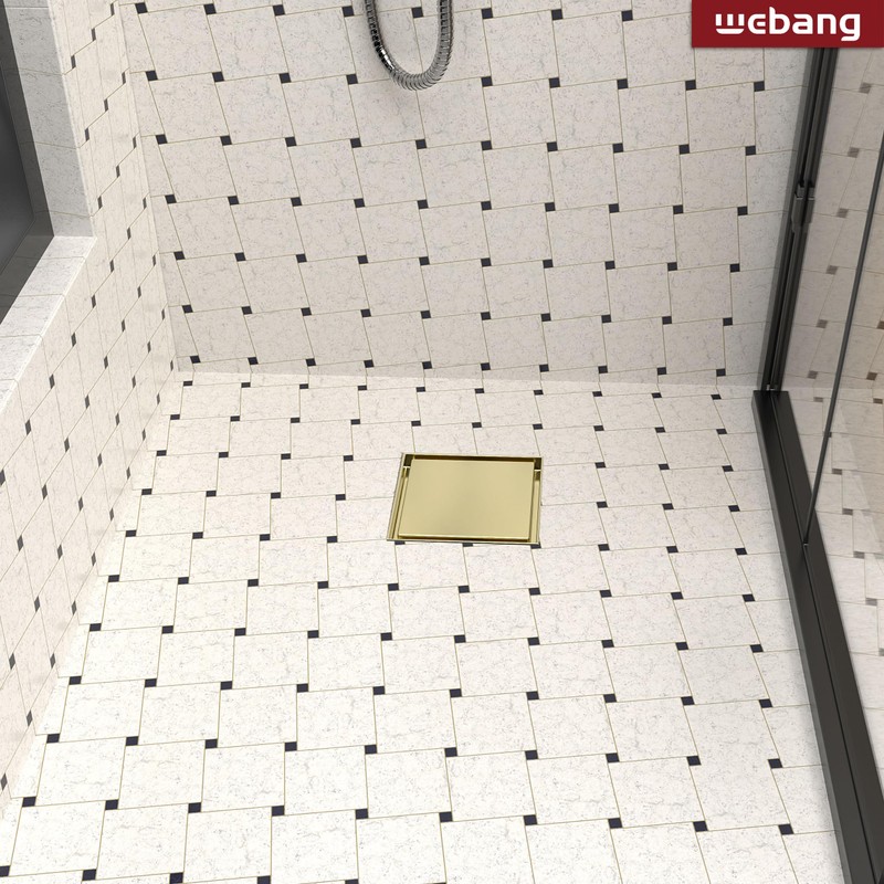 WEBANG 6 Inch Square Shower Drain Gold Floor Drain with