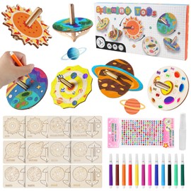 Pack of 12 Wooden Spinning Tops for Children, Wooden Spinning Top Craft Set with Stickers, Colour Pencils, Latex and Colour Box, Wooden Spinning Top for Children Boys Girls 3 4 5 6 8 Years