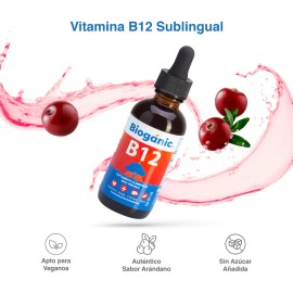 Bioganic Vitamina B12 Lquida Sublingual Paquete de 5, Vegano, Sin Azucar, Sin Gluten, 1200 Tomas En Total, 240 Tomas Por Envase, Sabor Arndano, Rinde 