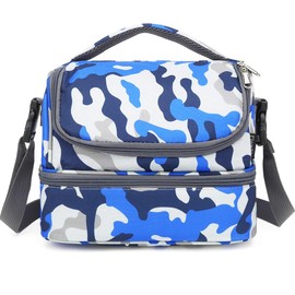 FlowFly Kids Double Decker Cooler Insulated Lunch Bag Large Tote for Boys, Girls, Men, Women, With Adjustable Strap, Blue Camo