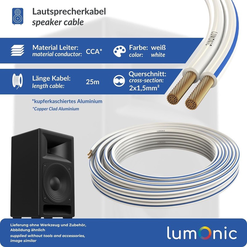 Lumonic Speaker Cable | 25 m White | 2 x