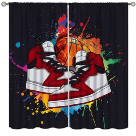 Graffiti Basketball Shoes Curtains, Modern Retro Colorful Graffiti Art Basketball Sneakers Black Background Print Rod Pocket Window Treatments Drapes for Boys Teens Bedroom Living Room 42x45in