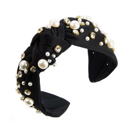 Pearl Knotted Headband for Women Pearl Crystal Embellished Hairband Fashion Elegant Ladies Wide Bride Headband Bachelorette Party Hair Accessories (Black, One size)