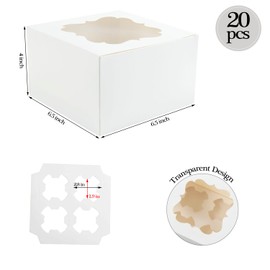 Frantis 20 PCS 6.5 x 6.5 x 4 inch Paper, Cupcake Boxes with Inserts and Window Hold 4 Cupcakes, Bakery Boxes For Cupcakes Carrier, Cupcake Containers (Red-4 Holes)