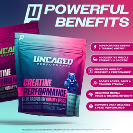 Uncaged Performance Creatine Monohydrate Gummies 5g with Prebiotic Fiber for Muscle Growth & Strength, 30 Servings, Strawberry - Lab Tested - 5000mg Premium All Natural