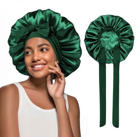 Satin Bonnet Silk Bonnet for Sleeping Double Layer Satin Lined Hair Bonnet with Tie Band Bonnets for Women Natural Curly Hair - Color: 2Bonnet-DarkGreen