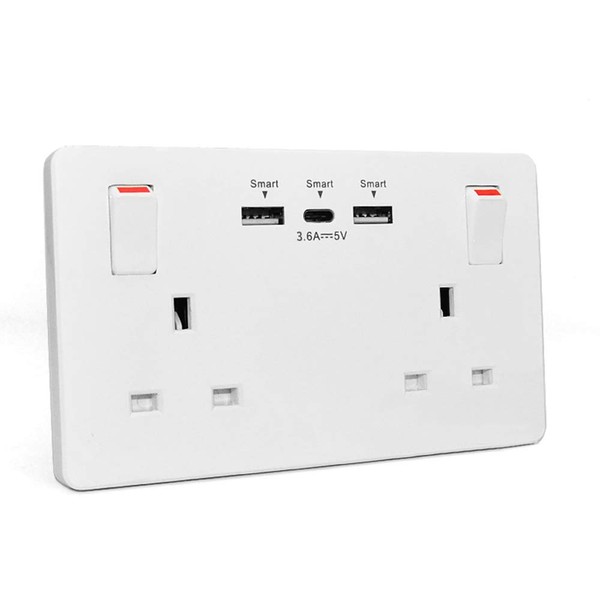Wall Socket Double Switched with 2USB and 1 Type C