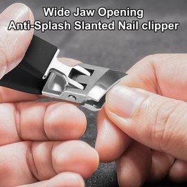 Slanted Nail Clippers, Anti-Splash Wide Jaw Toenail Clippers, Long Handle Wide Jaw Opening Slanted Fingernail Clippers, Curved Toenail Clippers for Adult, Seniors, Men (Black)