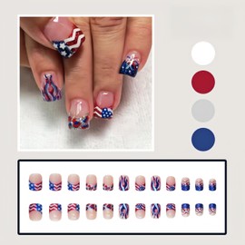 24Pcs Independence Day Press on Nails Short Square French Tip Fake Nails with Glitter American Flag Star Glitter Design False Nails 4th of July Glue on Nails Patriotic Artificial Nails for Women