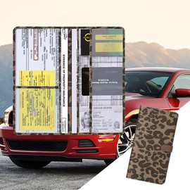 PACLVIO Car Registration and Insurance Holder, Leather Vehicle Card Document Glove Box Organizer, Universal Car Accessories Vehicle Glove Box Car Organizer for Document, License, Cards (Leopard)