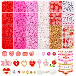 BONNY BOXX Juego de 3300 piezas de cuentas de arcilla para el día de San Valentín, cuentas planas redondas de disco Heishi de arcilla polimérica con cuentas de letras y encantos para hacer pulseras de