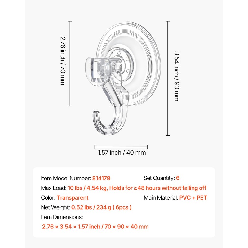 VEVOR Suction Cup Hooks 6 Pack, 2.76 x 3.54 x