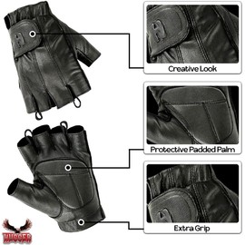 Hugger Fingerless Black Leather Gloves w/Gel Padded Palms - Driving, Motorcycle Riding, Police, Outdoor