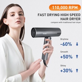 TANSHINE High-Speed Hair Dryer 110000RPM,1400W Professional Hair Dryer with Magnetic Nozzle for Salon Travel,Negative Ionic Blow Dryer with LED Lights for Fast Drying,High Speed Brushless Motor,Grey