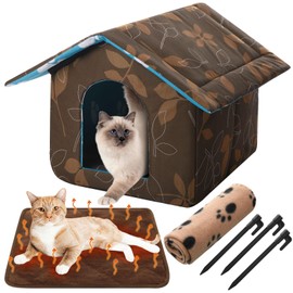 Ylinge Cat House Outdoor Waterproof Houses for Feral Cats Dogs Stray Cats Shelter Cats Dogs House Collapsible Cat House with Cat Self Warming Pad, Cat Blanket, 3 Pcs Tent Stakes (16 x 15 x 14 Inch)