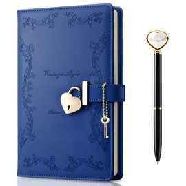 Mousbull Lock Diary with Key and Pen for Girls, 192 Pages Vintage Leather Heart Shaped Journal Notebook with Lock and Diamond Pen, A5 Cute Locked Secret Diaries for Women (Navy blue)