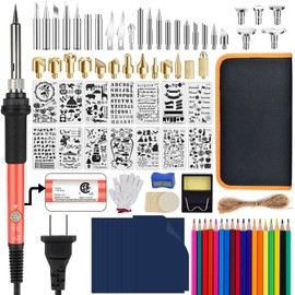 Wood Burning Kit, 110 pcs Pyrography Pen Set with Adjustable Temperature, Embossing/Carving/Soldering Tips/Stencils/Color Pencils/Carbon/Holder/Carrying Case/Wood Board/Gloves