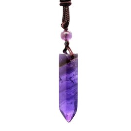 LEEQ Amethyst Crystal Necklace - Hexagonal Crystal Pendant Chain Polished Gemstones Adjustable Black Leather Rope Reiki Healing Stones Necklace Women Men Jewellery, Metal