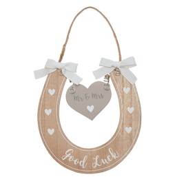 Wedding Horseshoe Gift - 'Good Luck' with ' Mr & Mrs' Hanging Love Heart - Wooden Horseshoe Gift Decorated with Hearts & Bow Ribbons